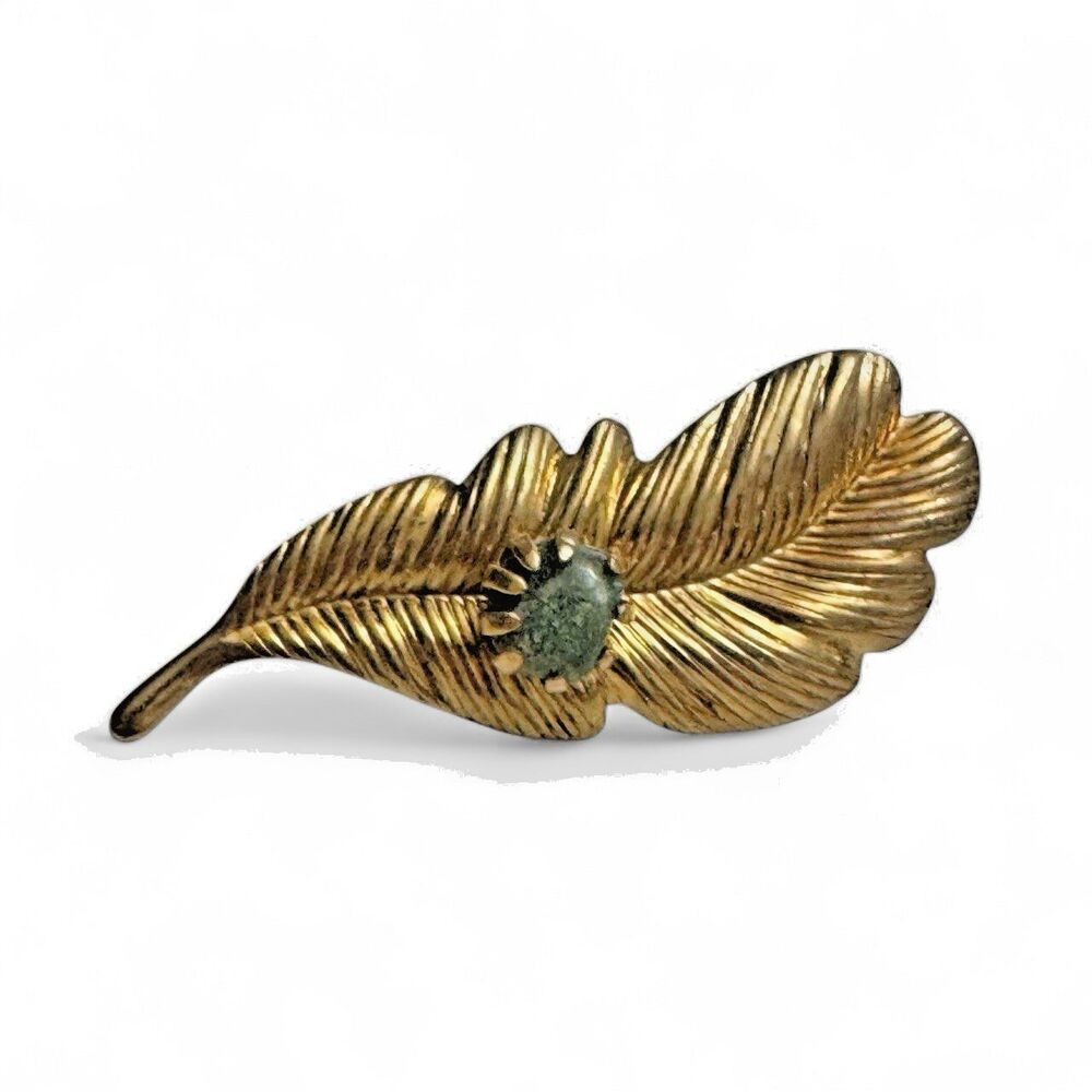 Vintage Gold Tone Leaf Brooch Pin Green Stone Accent Textured 2 Inch